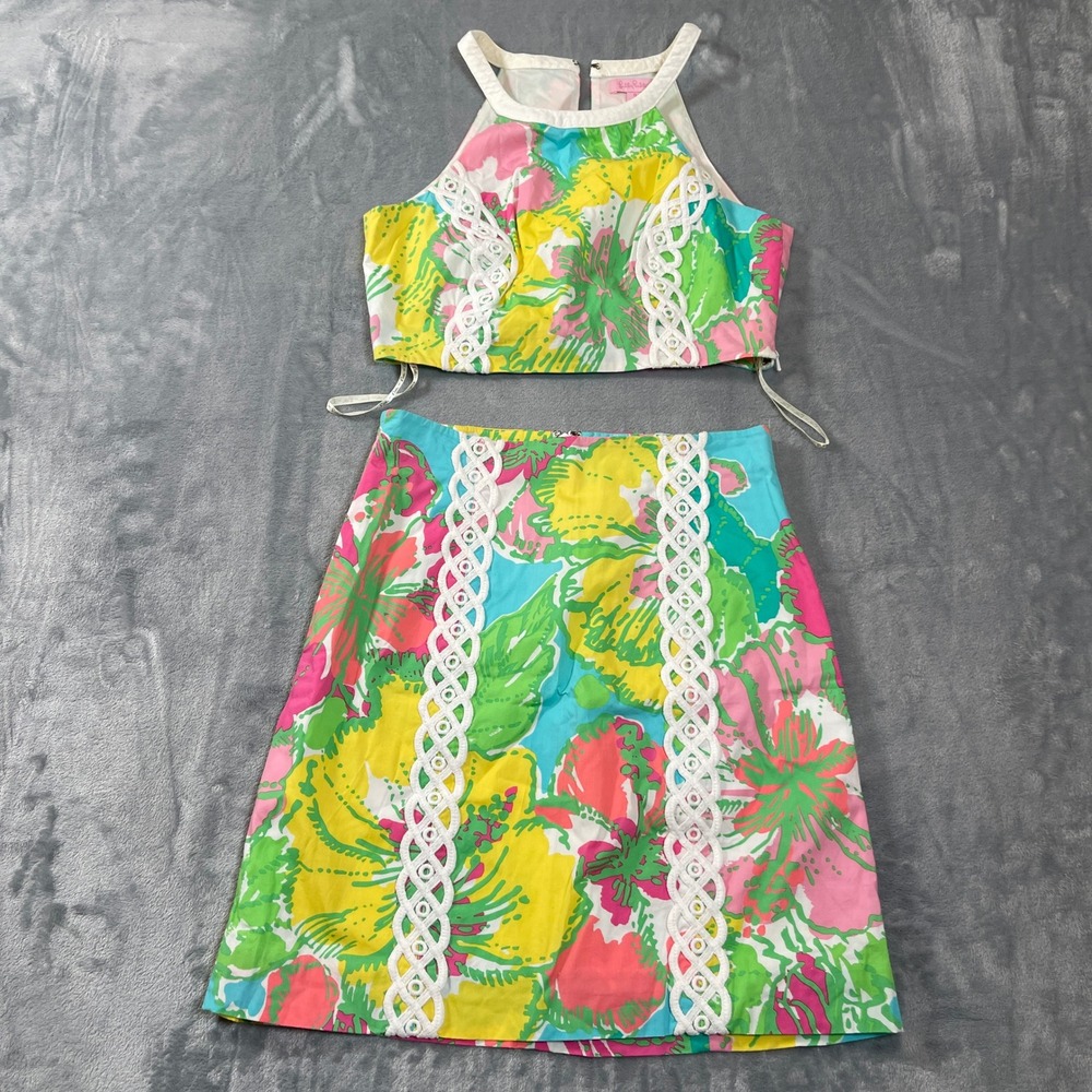 Lilly Pulitzer Floral 2 Piece Set Size 0 Halter Crop Top Mini Skirt Trim